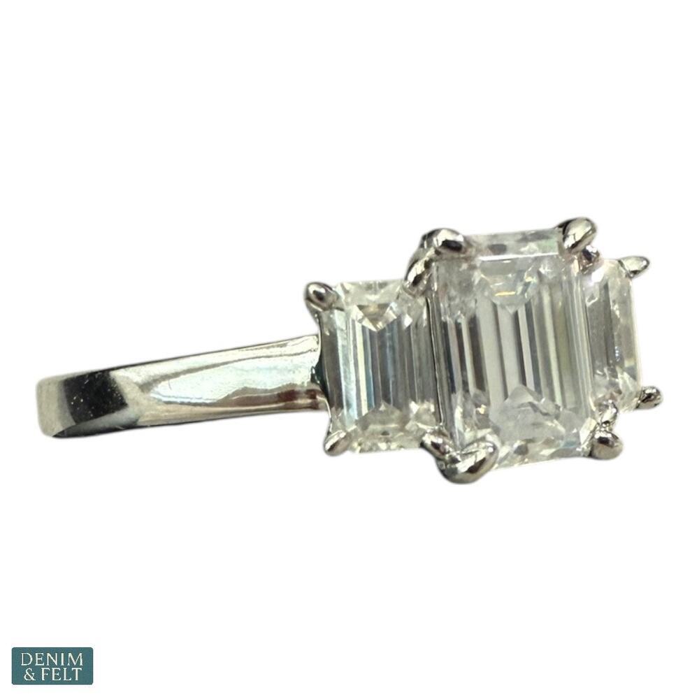 Sterling Silver 925 Emerald Cut Three-Stone Cubic Zirconia Ring Size 8.5